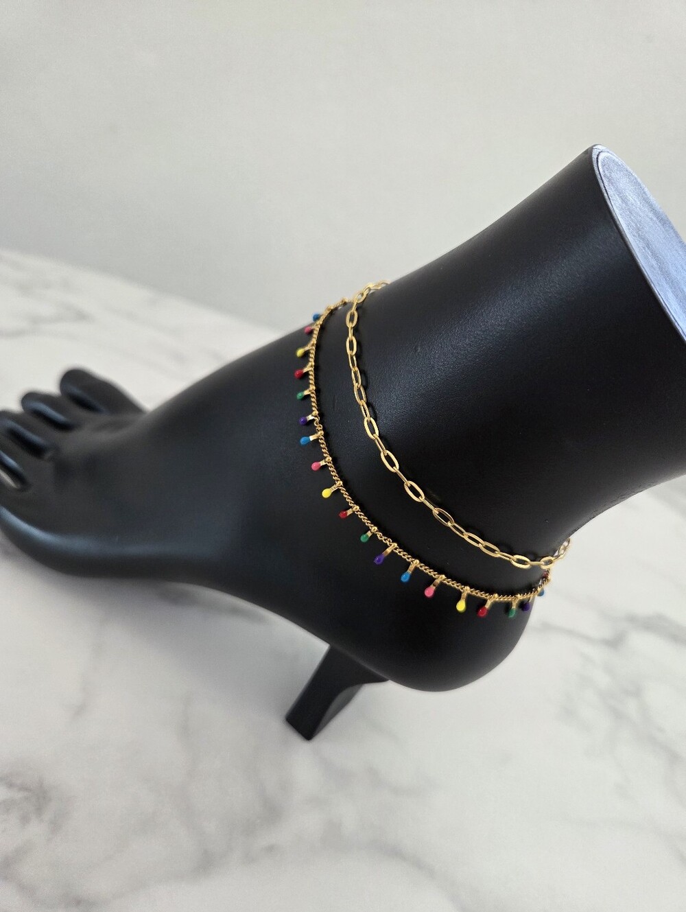 Multicolor Layered Dangle Anklet Colorful Bead Drop Double Chain Beach Jewelry - Picture 5 of 13
